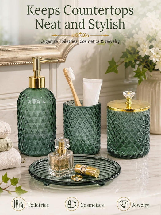 Glass Bathroom Accessories Set, Sage Green Bathroom Set, 4 Pcs