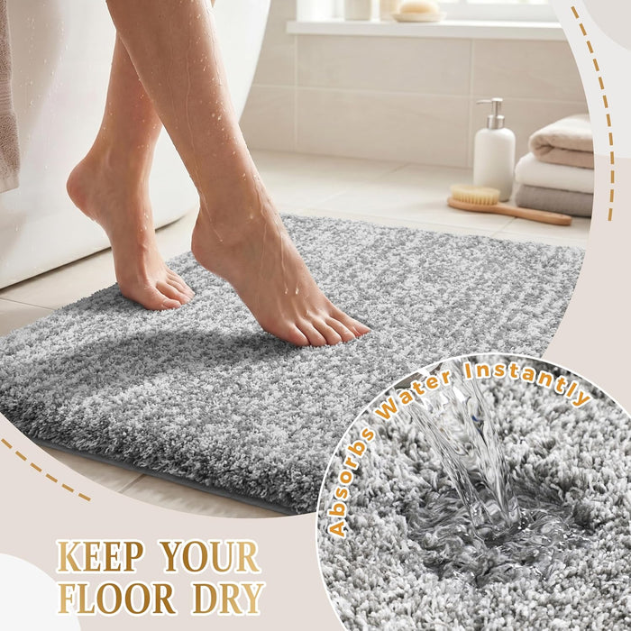 Bathroom Rugs Non Slip Washable, Ultra Soft and Water Absorbent Bath Mats, Fluffy Shower Mat Outside, Plush Matts for Bathroom Floor/Sink, 24X17, Home Decor Accessories, Light Gray and White