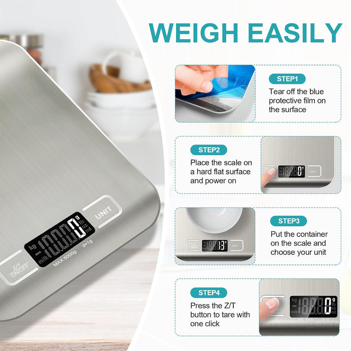 Food Scale, 11lb Kitchen Scale with 6 Units Tare Function & LCD Display, 0.05oz/1g Stainless Steel Digital Food Scale Gr