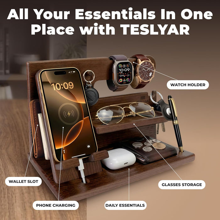 Wood Phone Docking Station for Men - Desk or Nightstand Organizer - Birthday Gifts for Husband, Dad - Anniversary Idea f