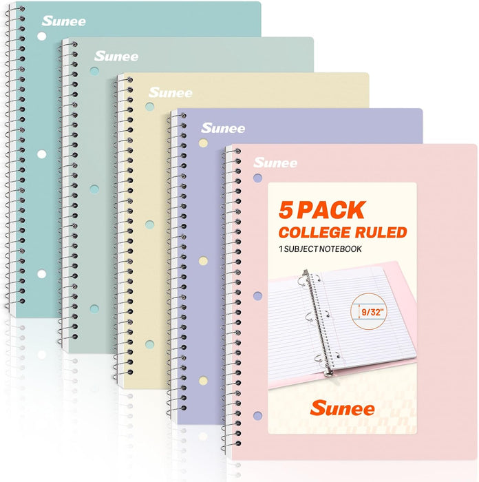 Spiral Notebooks, 1-Subject, 5 Pack, College Ruled Paper, 8" x 10-1/2", 70 Sheets per Notebook,3-Hole Punched Paper, Pin