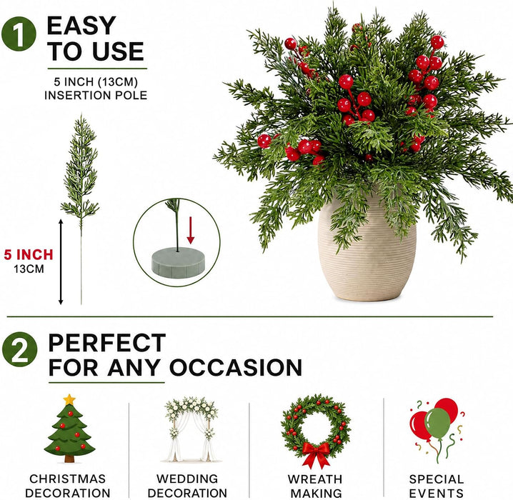 30Pcs Christmas Artificial Pine Branches with Red Berry Stems