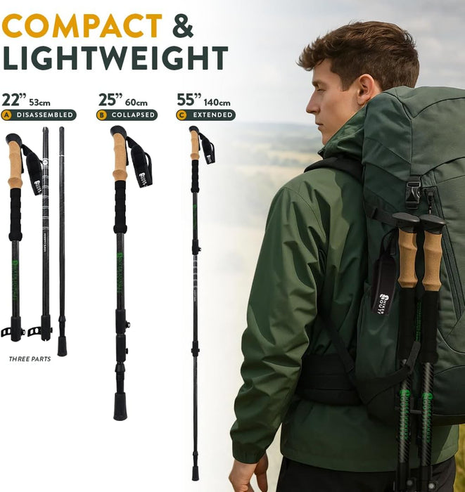 100% Carbon Fiber Trekking Poles by USA Brand - Ultra Strong Lightweight Collapsible Hiking Poles with Cork and EVA Foam