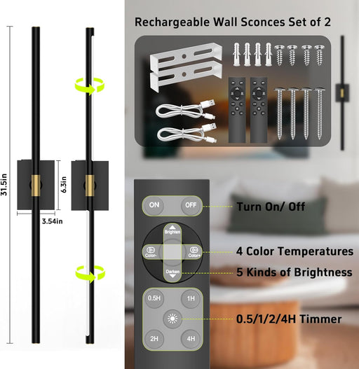 Battery Operated Wall Sconces Set of 2, 10000mAh, Black