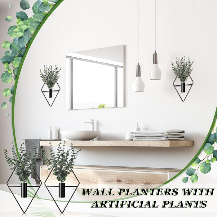 2 Pcs Hanging Artificial Planters Wall Decor, Black, Eucalyptus