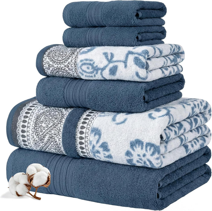 6 Piece Bath Towel Set – Bathroom Set with 2 Bath Towels, 2 Hand Towels, and 2 Wash Cloths – 100% Cotton, Super Absorbent & Extra Soft – Reversible Floral Trail (Navy)