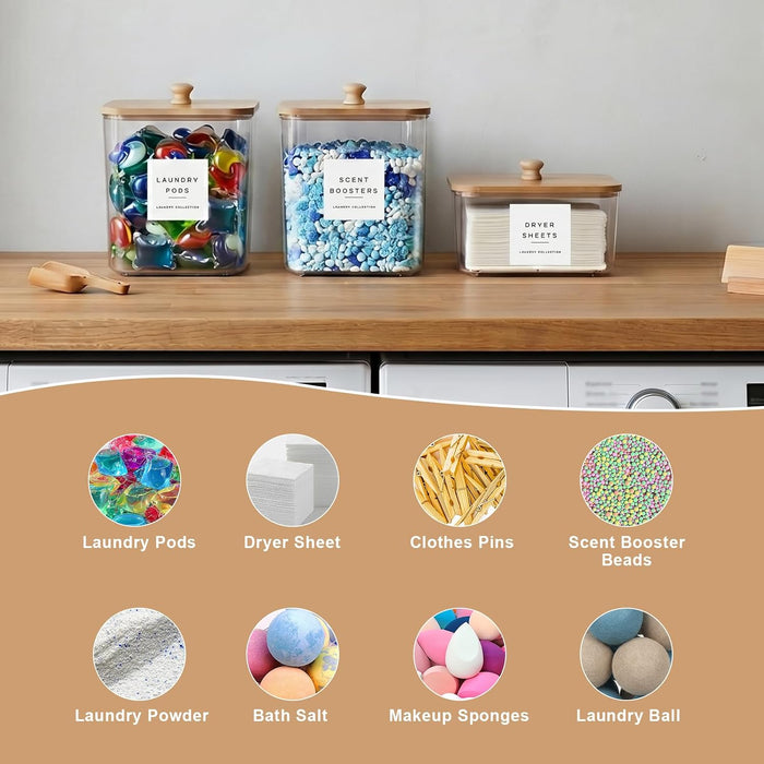 3 Pack Laundry Pod Containers and Dryer Sheet Holder, Laundry Room Organization Storage Containers with Lids and Labels 