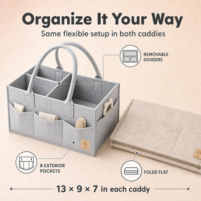 2-Pack Diaper Caddy Organizer - Newborn Essentials Baby Registry Must Haves - Sturdy Nursery Storage Bin & Portable Car 
