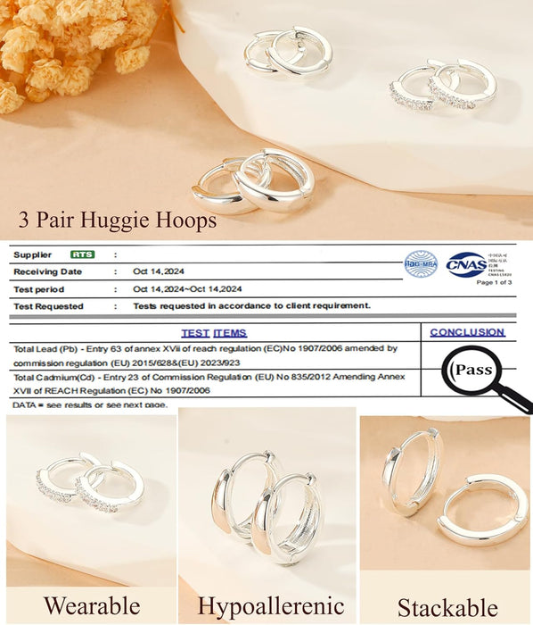 Jewelry for Her Gift 3 Pairs 925 Sterling Silver Earrings for Women Non Tarnish 14K Gold Plated Small Hypoallergenic Huggie Hoops Cartilage Stack Earring Sets for Multiple Piercing