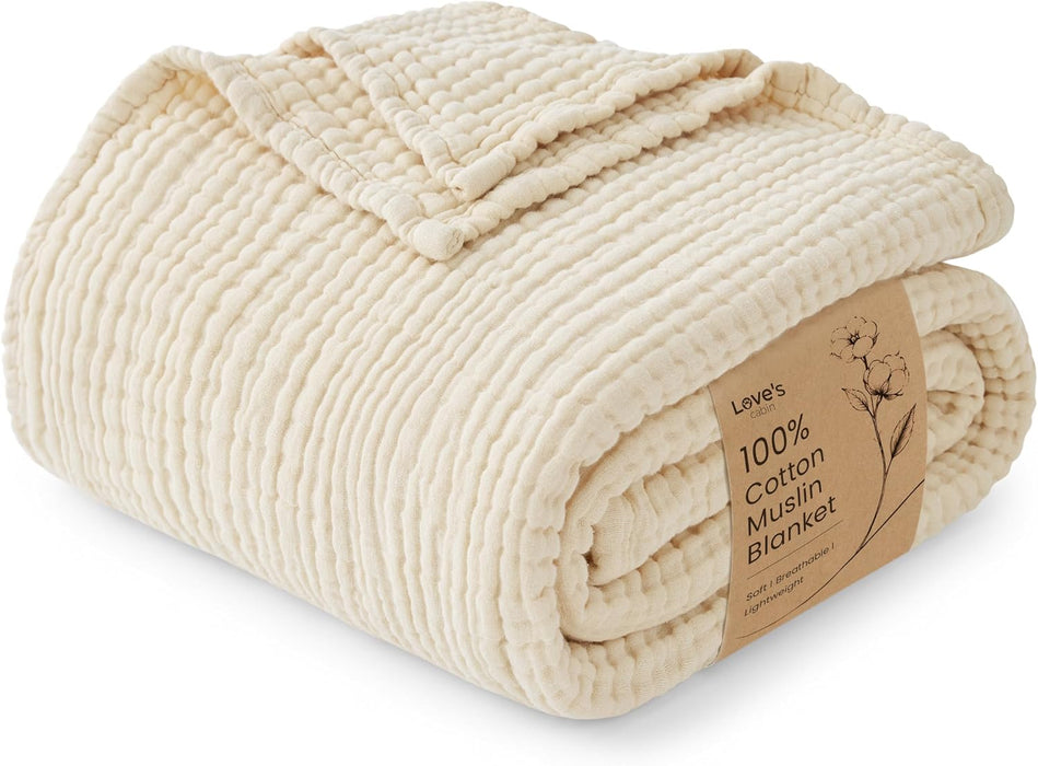 100% Cotton Muslin Blanket, 6 Layer Lightweight Breathable Gauze Throw Blanket 50 x 60 Inches, Soft All Season Blanket for Couch, Bed, Sofa, Beige
