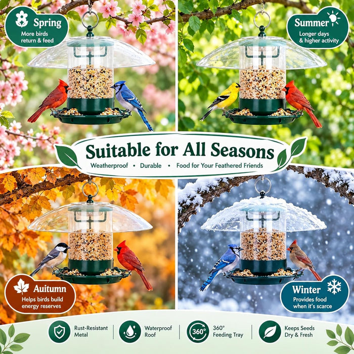 Metal Bird Feeders for Outdoors with 12” Weatherproof Dome, Green