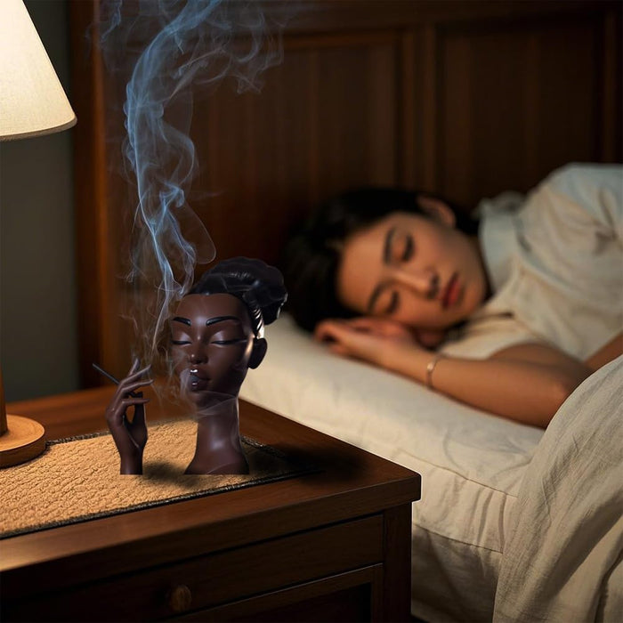 Incense Holder,Black Woman Smoking Head Incense Burner, Sophisticated and Elegant Headscents-Head Incense Burner,Desk Decor Suitable for Bedroom and Living Room (Eyes Closed)