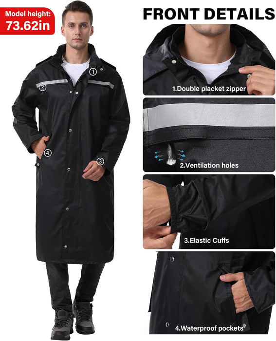 High-Visibility Reflective Waterproof Long Raincoat — Black XL