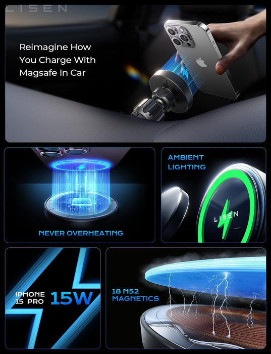 15W MagSafe Car Mount Charger, Magnetic Phone Holders for Your Car