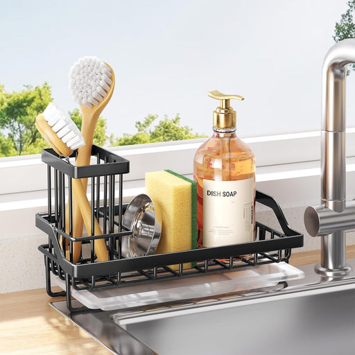 Sponge Holder for Kitchen Sink - Kitchen Sink Caddy Organizer with Removable Drip Tray for Countertop Dish Soap Dispenser Brush Storage Accessories 304 Stainless Steel - Black