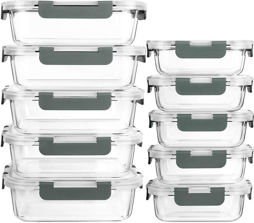10 Pack Glass Food Storage Containers with Lids, Gray