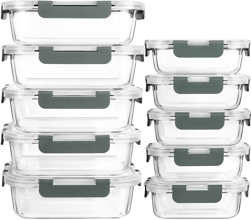 10 Pack Glass Food Storage Containers with Lids, Gray