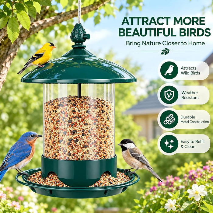 Metal Bird Feeders for Outdoors Hanging, 360° Feeding Tray, Green