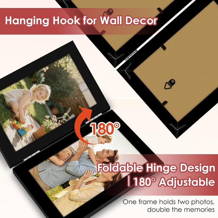 Hinged Double 4x6 Picture Frame, 2-Opening Folding Black Desk Photo Frame with HD Plexiglass, Bifold Frames Tabletop or 