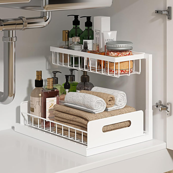 Under Sink Organizer, L-Shaped 2 Tier Pull Out Cabinet Organizer