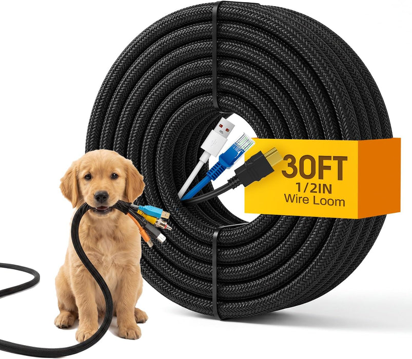 30ft Wire Loom Automotive, 1/2in Cord Protectors from Pets no Chew, Black