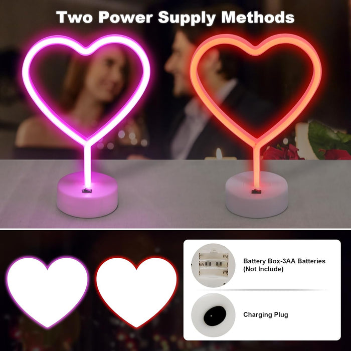 2 Pack Heart Neon Signs, Pink LED Lights, USB or Battery Powered