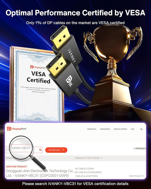 VESA Certified 8K DisplayPort Cable 1.4, 6.6ft DP Cable Supports HDR