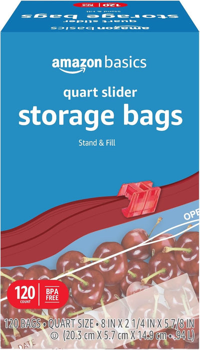Slider Quart Food Storage Bags with Stand-Up Bottom, Easy to Fill, BPA Free, 120 Count (Previously Solimo)
