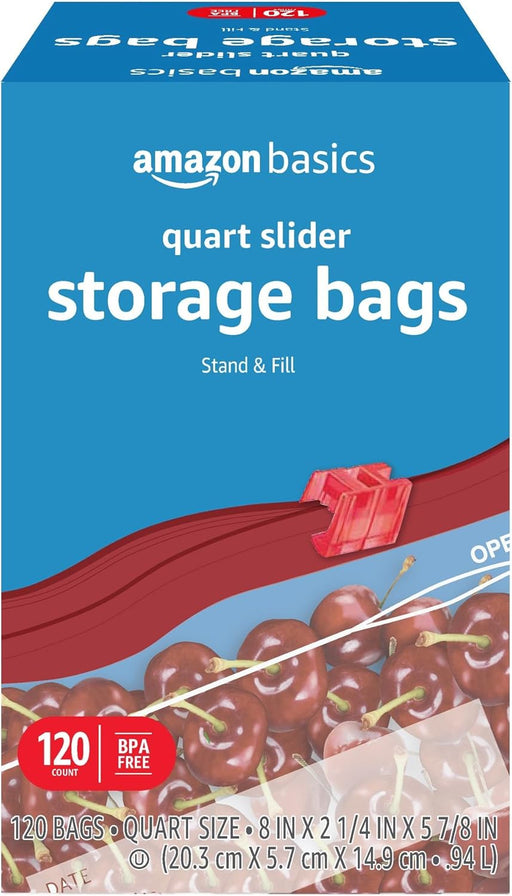 Slider Quart Food Storage Bags with Stand-Up Bottom, Easy to Fill, BPA Free, 120 Count (Previously Solimo)