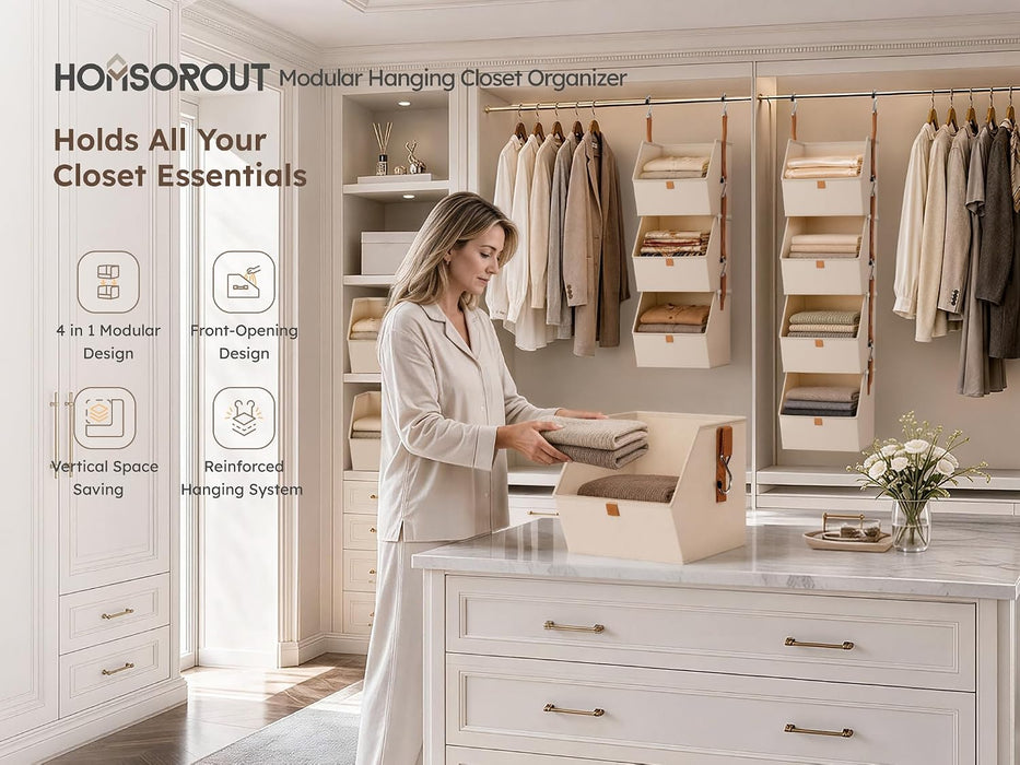 Hanging Closet Organizer 4 Tier - Clothes Hanging Shelves, Space-Saving Closet System, Fabric Storage Bins Bedroom Organ