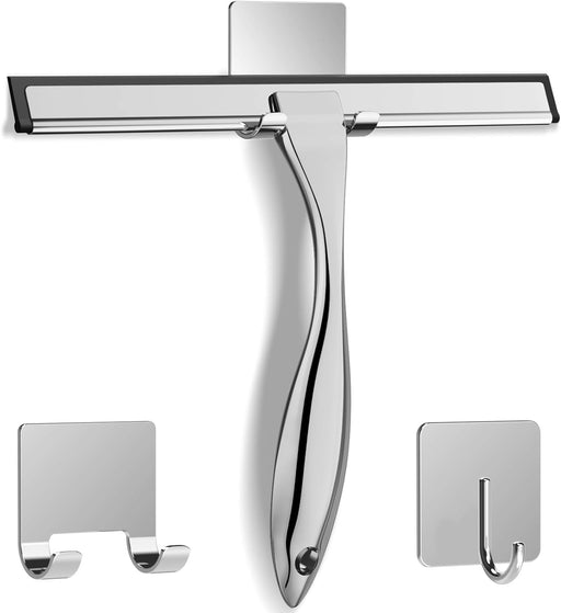 All-Purpose Stainless Steel Shower Squeegee for Shower Glass Door with 2 Adhesive Hooks, Bathroom Cleaner Tool Household