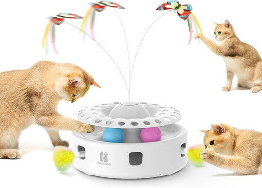 Cat Toys 3in1 Automatic Interactive Kitten Toy, Fluttering Butterfly, Moving Feather, Track Balls, Dual Power Supplies, 