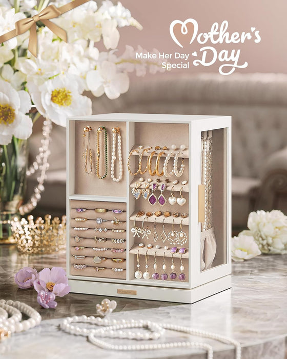 Jewelry Box Organizer, 360° Rotating, 5 Drawers, Cloud White