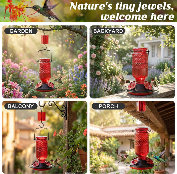 Glass Hummingbird Feeder for Outdoors Hanging, 16 OZ Humming Birds Feeders with 4 Bee Guard Feeding Ports & Built-in Ant Moat, Bird Feeder for Outside, Gifts for Women Mom, Red