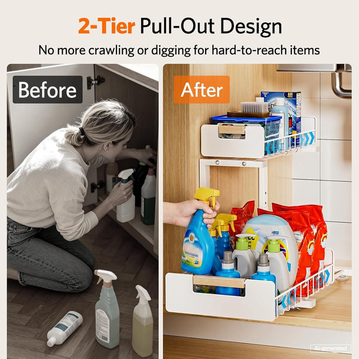 Under Sink Organizer Kitchen, 2-Tier Pull-Out Cabinet Shelf, 2-Pack