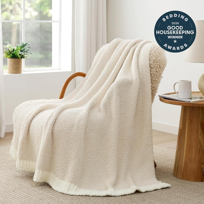 Buttery Ivory Throw Blanket for Couch, Reversible Super Soft Knitted Blankets, Warm Cozy Knit Fuzzy Plush Lightweight Throws Dupes for Sofa, Bed, Picnic, Ivory, 50 x 60 inches