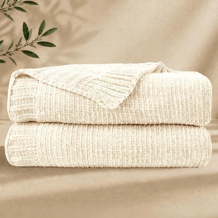 Chenille Throw Blanket for Couch, Cozy Soft Blanket Lightweight Decorative Throw for Living Room Sofa Chair, Stylish Home Decor, Ideal for Gifting, Ivory 50"x60"