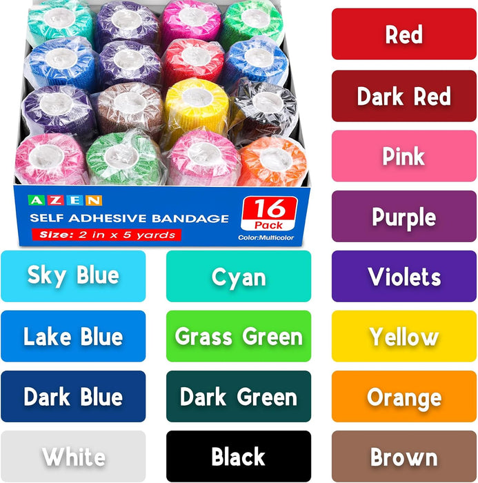 16 Pack Self Adhesive Bandage Wrap, 2" X 5 Yards Elastic Cohesive Bandage Wrap, Color Athletic Tape, Vet Wrap, Ankle Tape