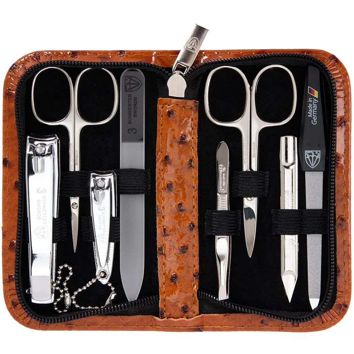 3 Swords Germany - brand quality 8 piece manicure pedicure grooming kit set synthetic leather case ostrich cognac - Made