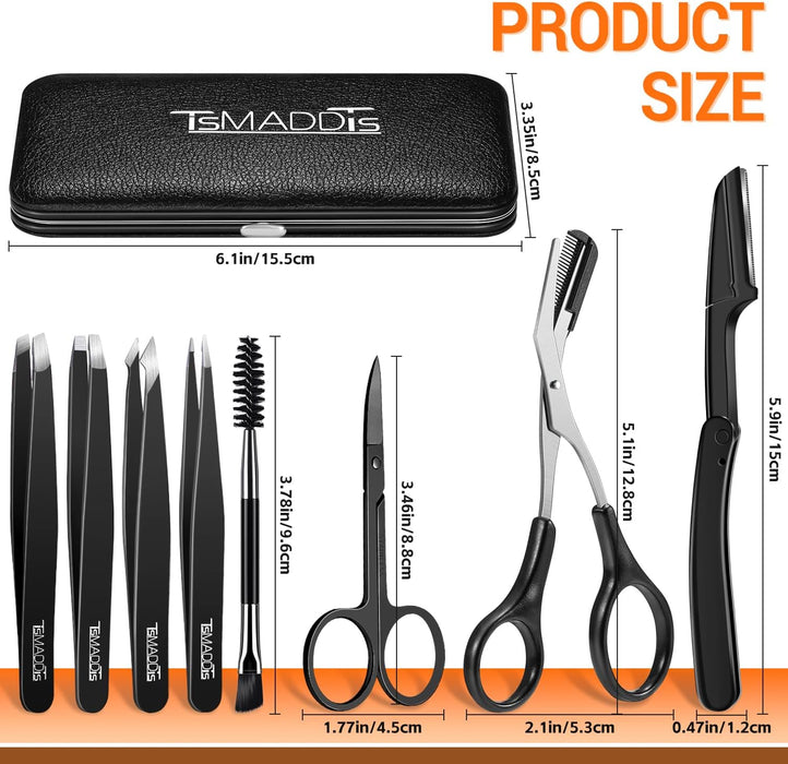 Tweezers for Men, 8 in 1 Professional Eyebrow Tweezers Kit with Eyebrow Trimmer & Scissors, Razor, Brush, Skin Care Tools