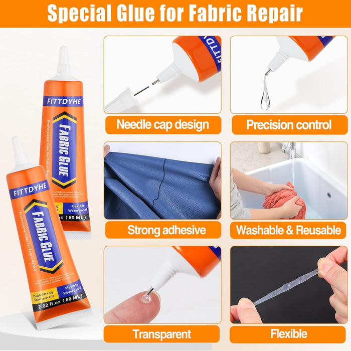 Fabric Glue Permanent, 60 ML Washable Clear Clothing Glue, Super Fabric Glue for Rhinestones, Patches, Clothes, Denim, Leather, Polyester, Fabrics, Doll Repair, Flannel, Cotton