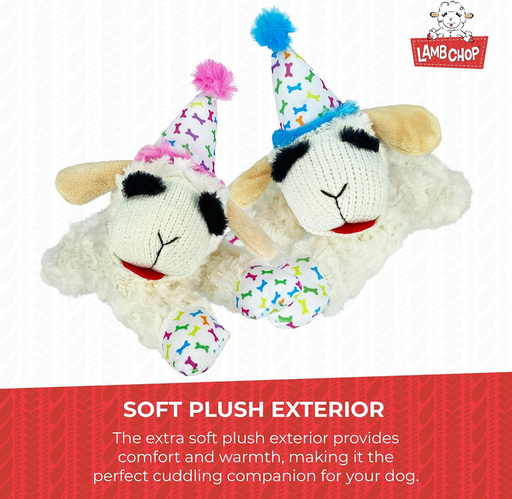 Lamb Chop Dog Plush Toy with Birthday Hat - Squeaky Dog Toy
