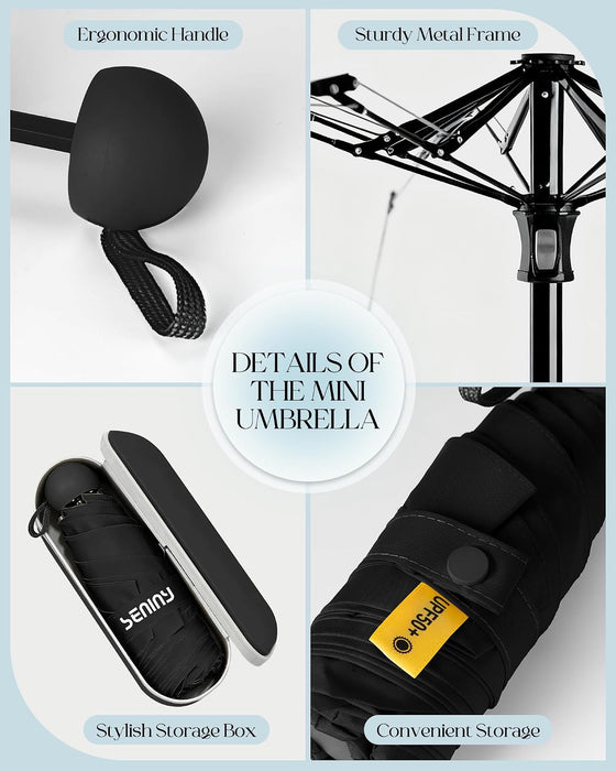 Mini Travel Umbrella with Case, Compact Pocket Size UV Sun & Rain