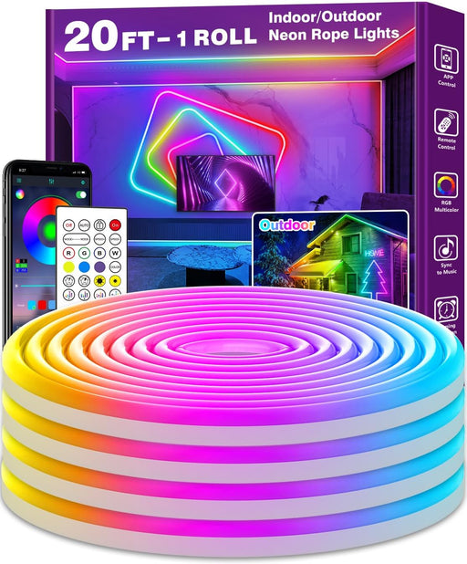 20Ft Neon Rope Lights,Flexible Led Rope Lights Control with App/Remote,Multiple Modes Music Sync Gaming RGB Led Neon Lig
