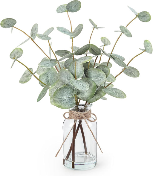 Artificial Eucalyptus Stems in Glass Vase with Faux Water, 13.5" Fake Plants for Home Decor, Coffee Table Centerpieces, Office, Bathroom & Farmhouse - Green Faux Plants Decorations