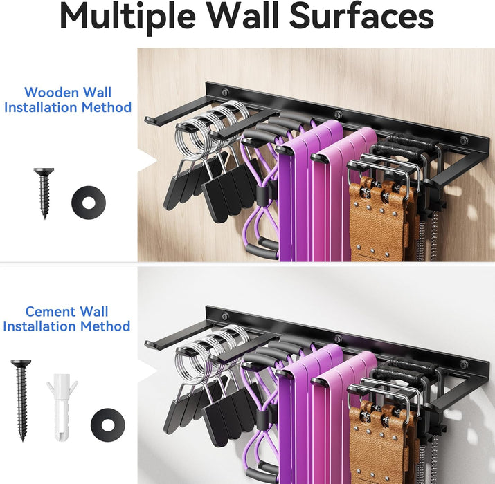 Wall-Mounted Home Gym Equipment Storage Rack for Resistance Bands, Barbell Bars, Cable Attachments, Lifting Belts, Jump 
