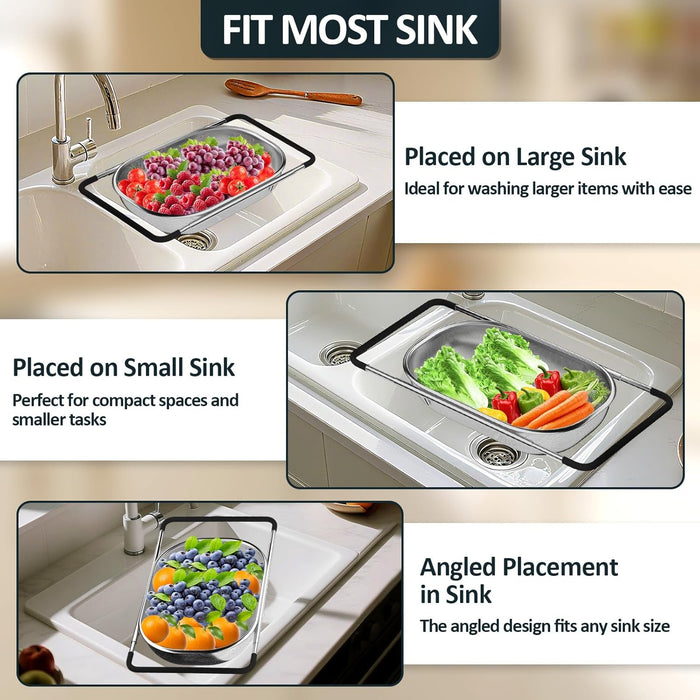 Over the Sink Colander - Strainers and Colanders - Sink Strainer Basket - Expandable Fine Mesh Strainer with Rubber Grip