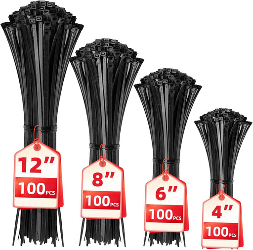 Cable Zip Ties,400 Pack Black Assorted Sizes 12+8+6+4 Inch,Multi-Purpose Self-Locking Nylon Cable Cord Management,Plastic Wire Ties for Home,Office,Garden,Workshop. By