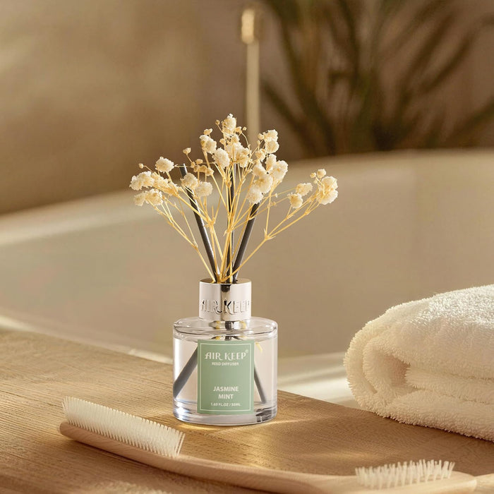 Reed Diffuser Set,1.69 fl oz (50 ml) - Jasmine Mint Oil Diffusers with 8 Reed Sticks,Home Fragrance Reed Diffuser for Bathroom Shelf Decor