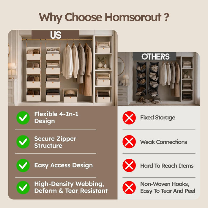 Hanging Closet Organizer 4 Tier - Clothes Hanging Shelves, Space-Saving Closet System, Fabric Storage Bins Bedroom Organ